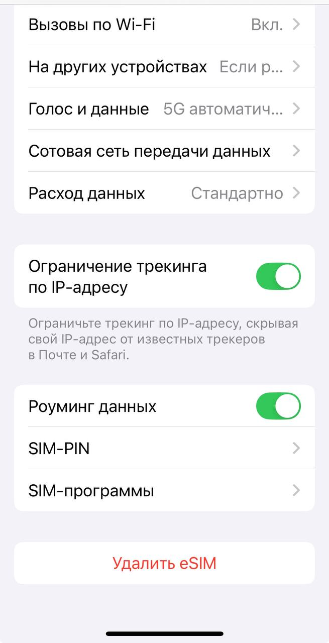 Включённый переключатель Роуминг данных в настройках eSIM на iPhone